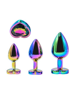 3 plugs coeur Crystal Heart métal arc-en-ciel - DIK