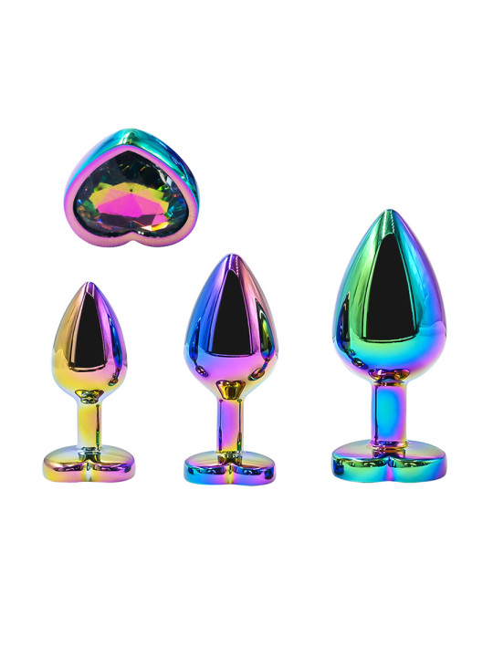 3 plugs coeur Crystal Heart métal arc-en-ciel - DIK