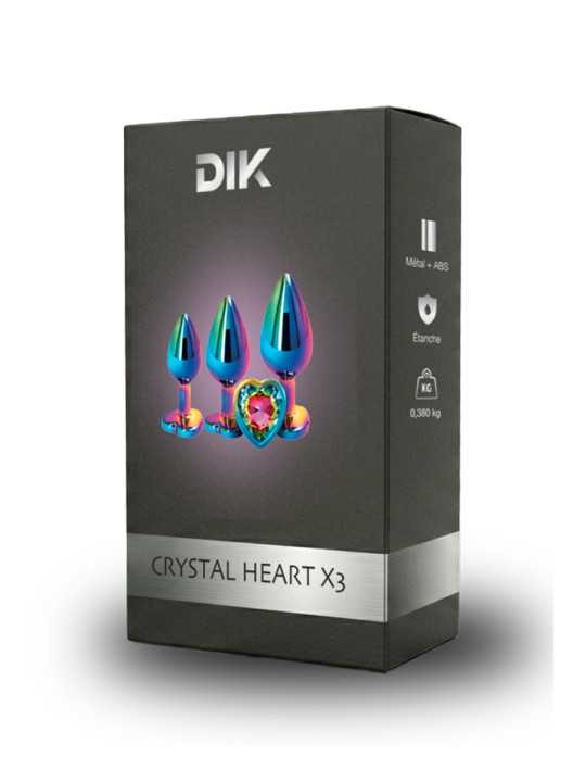 3 plugs coeur Crystal Heart métal arc-en-ciel - DIK