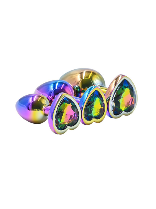 3 plugs coeur Crystal Heart métal arc-en-ciel - DIK