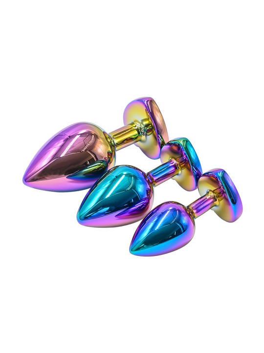 3 plugs coeur Crystal Heart métal arc-en-ciel - DIK